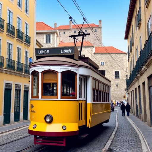 Elétrico amarelo famoso em Lisboa com o castelo ao fundo.