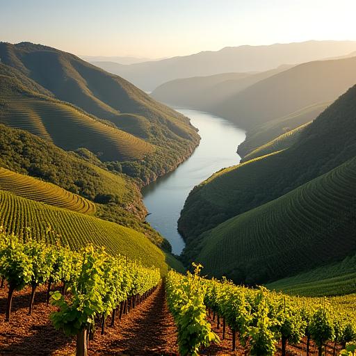Vinhas em socalcos no Vale do Douro com o rio ao centro.